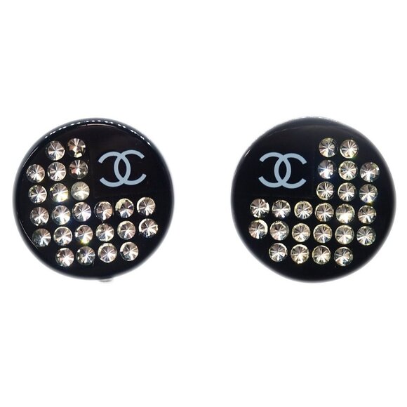 Chanel Button Earrings Clip-On Rhinestone Black - Picture 1 of 4